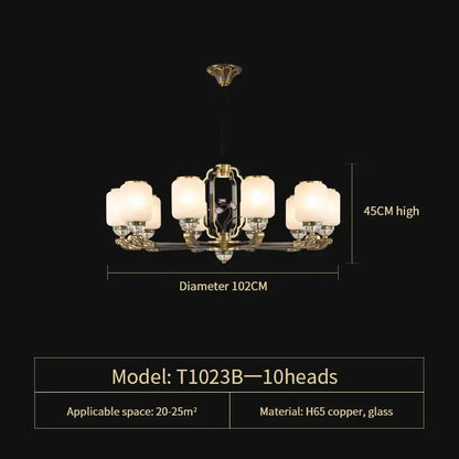 A luxurious decorbites jade chandelier with ten frosted glass shades in brass and glass for modern villa lighting
