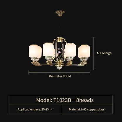 Elegant brass decorbites jade chandelier with eight frosted glass shades and intricate floral detailing for villa lighting