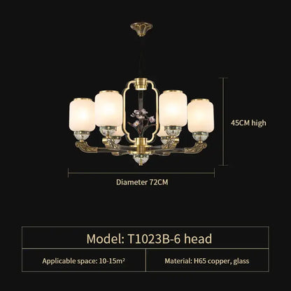 DecorBites jade chandelier with six lights, brass-finished copper frame, frosted glass shades, and ornate floral design