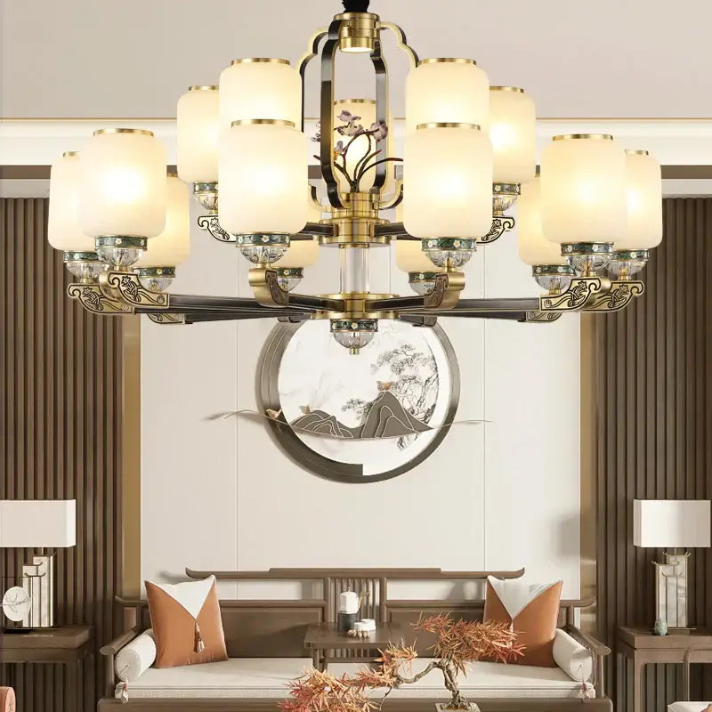 Brass-finished decorbites jade chandelier with frosted glass shades and intricate floral detailing for modern duplex villa lighting