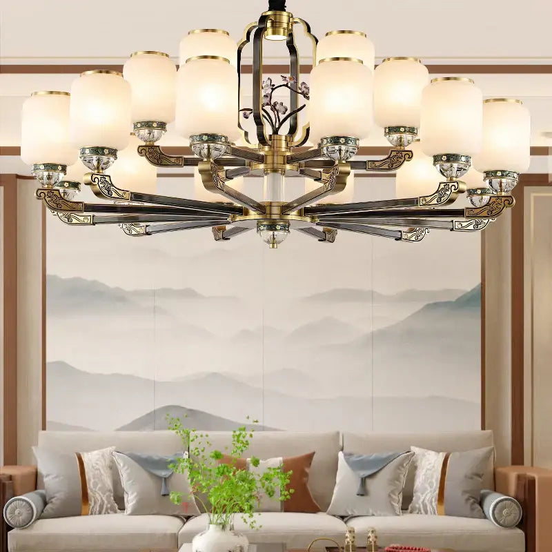 Brass-finished decorbites jade chandelier with twelve frosted glass shades and traditional chinese-inspired metalwork