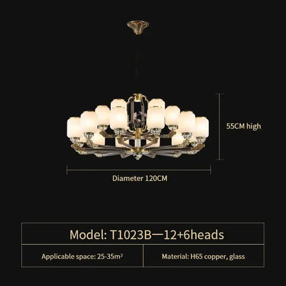 Elegant brass and glass decorbites jade chandelier with 12 plus 6 light heads, 55cm high and 120cm diameter