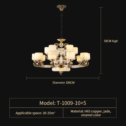 Luxurious 100cm decorbites jade chandelier with golden copper frame jade and enamel accents for modern living rooms