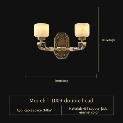 Antique brass-finished double-head wall sconce with frosted jade glass shades and engraved copper arms decorbites jade chandelier