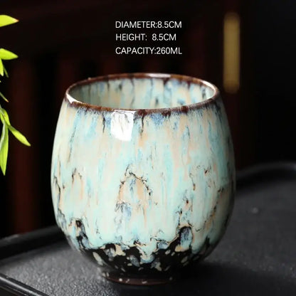 DecorBites™ chinese kiln ceramic coffee cup with mottled turquoise beige glaze and irregular rim in 250ml coffee cup set