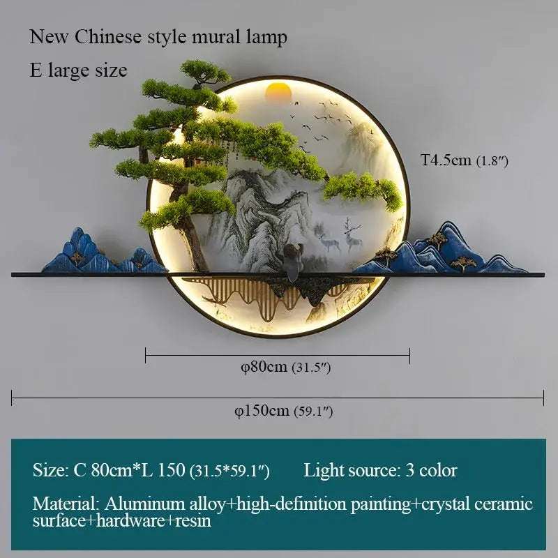 DecorBites™ chinese landscape led wall lamp with circular mural design on crystal ceramic and blue mountain accents