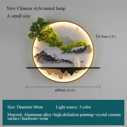 Circular DecorBites™ Chinese landscape led wall lamp with glowing painted mountains on aluminum alloy frame for home use