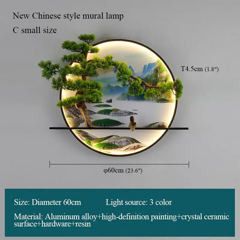 Decorbites chinese landscape led wall lamp with circular mural, glowing pine trees and mountains on aluminum frame