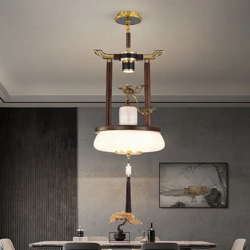 Decorbites chinese lantern chandelier with dark wood, brass accents, and ornate dragon on white marble base for living room