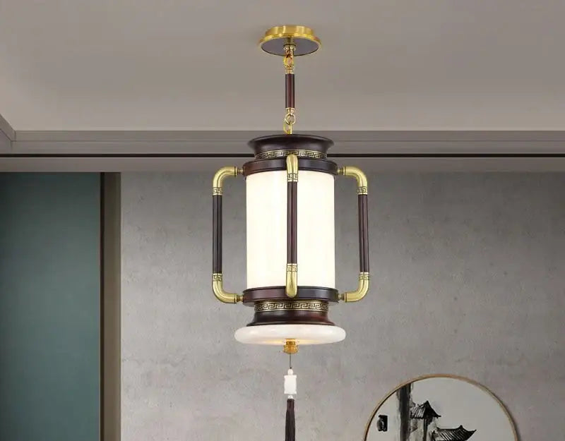 Decorbites chinese lantern chandelier with dark wood frame gold-toned metal accents and frosted glass for classic living rooms