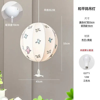 Off-white spherical pendant light with pastel bird illustrations and a white ceramic dove by decorbites chinese medieval dove