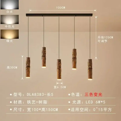 Five dark brown cylindrical bamboo-style pendant lights with carved patterns led lighting decorbites chinese modern art