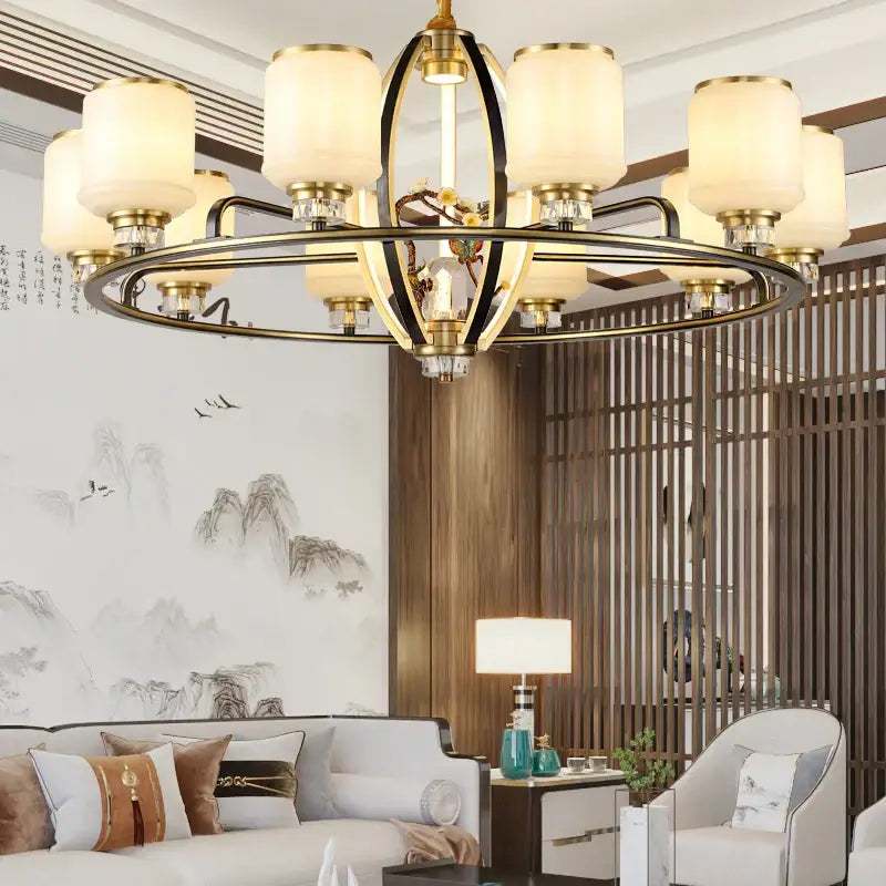 Gold-toned copper chandelier with frosted glass shades and crystal accents decorbites natural jade for luxury living room villa