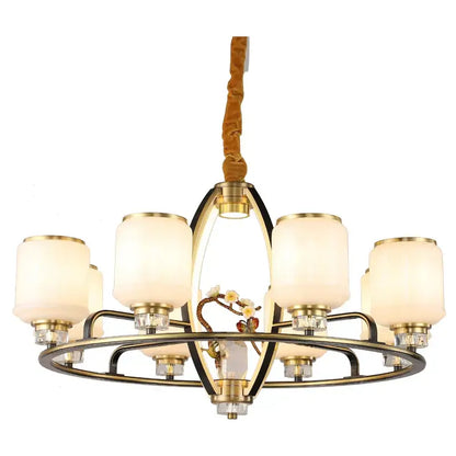 Gold-toned DecorBites natural jade copper chandelier with six frosted glass shades and floral motif for luxury living room villa