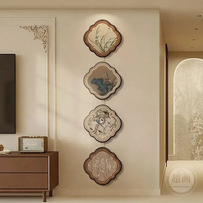 Decorbites™ chinese painting porch door hanging mural featuring four scalloped-edge wall plates with botanical illustrations