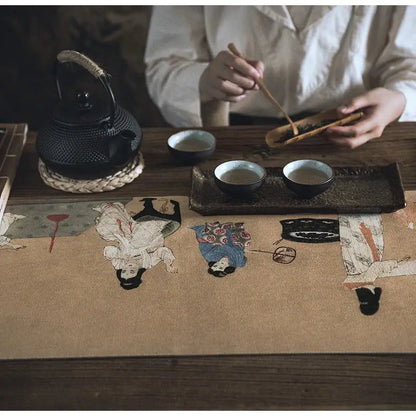 Beige linen table runner with embroidered chinese painting women in black white and muted blue for traditional decor