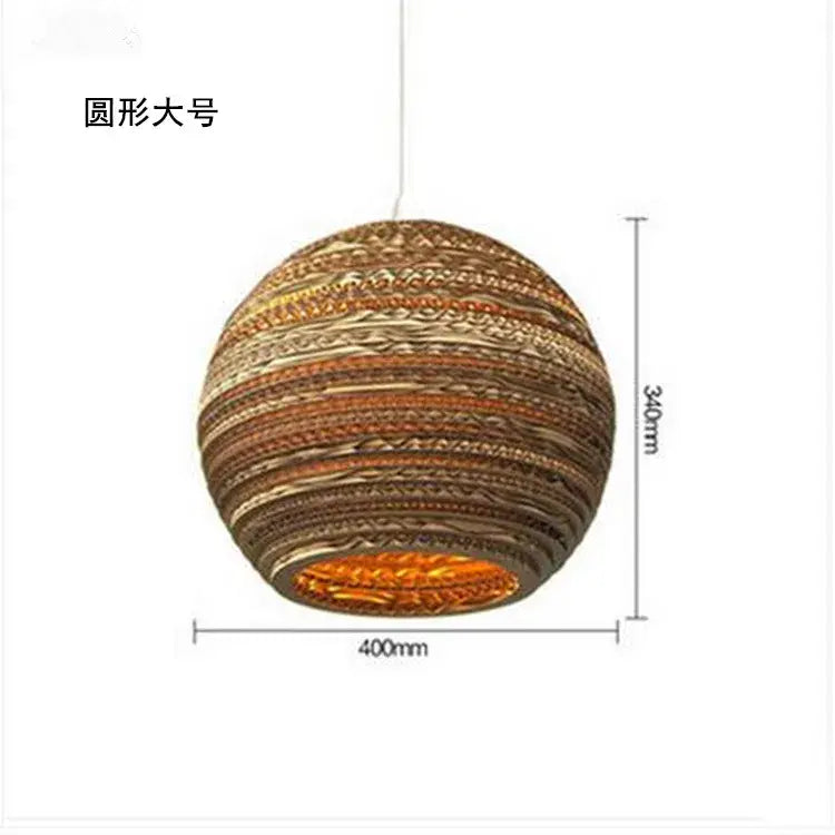 Decorbites™ chinese paper pendant light handcrafted from layered corrugated cardboard with warm orange glow