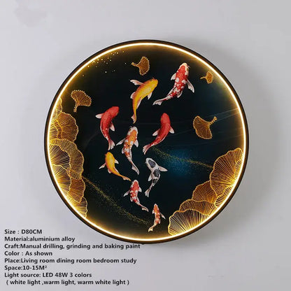 DecorBites™ modern circular led wall decoration lamp with hand-painted koi fish and gold ginkgo leaves on black background