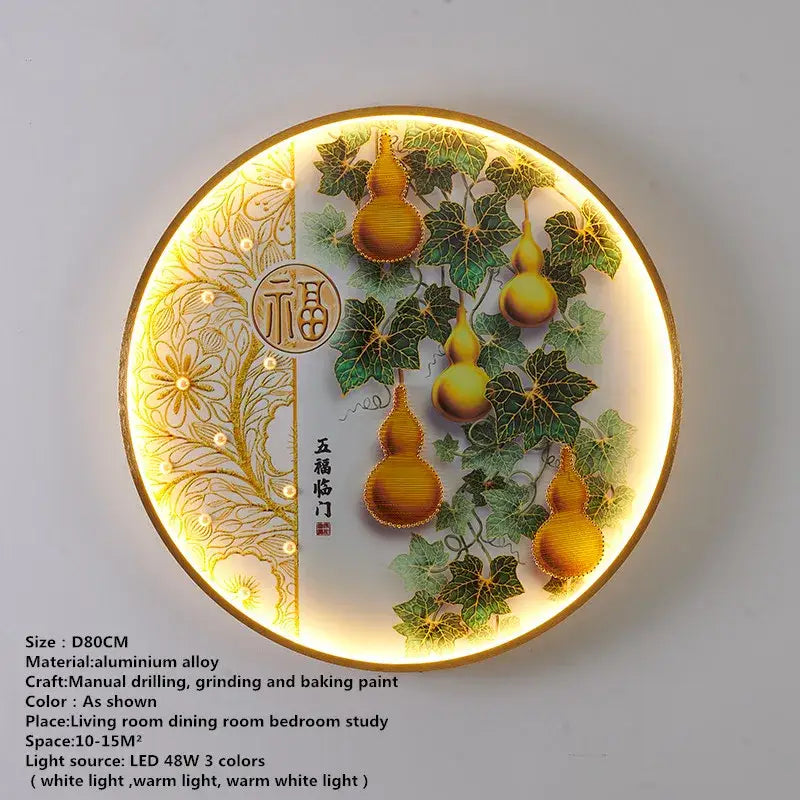 Decorbites™ circular led wall decoration lamp with golden gourds green leaves chinese characters on aluminum base