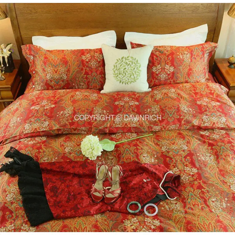 Decorbites™ chinese red satin cotton wedding duvet set featuring intricate floral and paisley designs in gold and teal accents