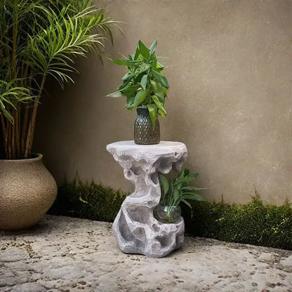 Gray stone-like resin floor flower stand with textured design and two plant holders for modern living room decor