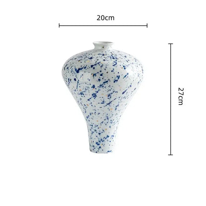 White ceramic retro ceramic vase with flared neck and blue and gold speckles for handmade home decor