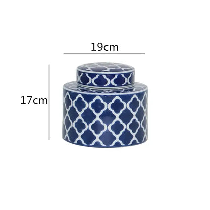 Navy blue ceramic jar with lid featuring white quatrefoil pattern from decorbites chinese retro ceramics golden collection