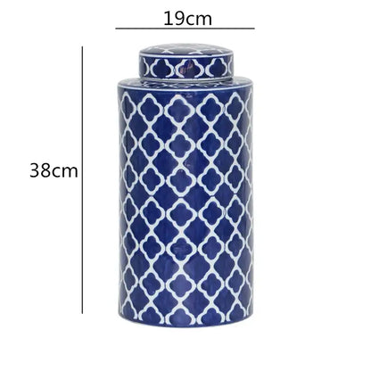 Decorbites chinese retro tall blue ceramic jar with white lattice pattern and lid for home décor and organization