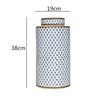 DecorBites™ Chinese retro porcelain tea canister with blue diamond pattern and gold trim for home décor and organization