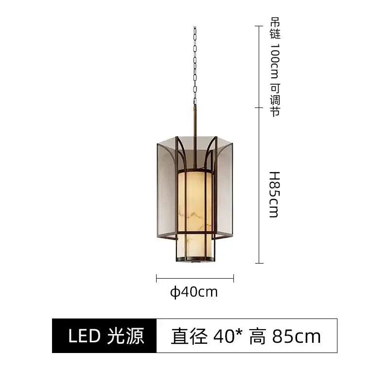 A decorbites chinese retro hexagonal pendant light with bronze metal frame amber glass panels and led bulb inside