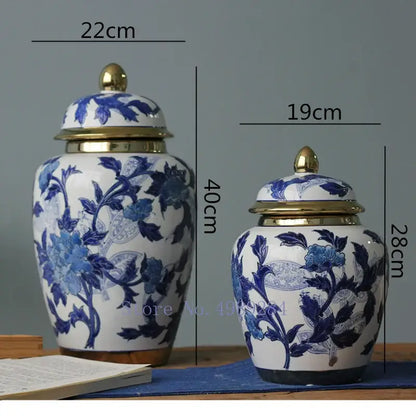 Blue and white porcelain DecorBites™ Chinese retro storage tank vase with gold-toned lids for modern home decoration