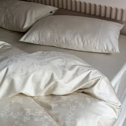 Cream-colored satin duvet cover with delicate silver floral embroidery from DecorBites™ chinese style cotton jacquard cover set