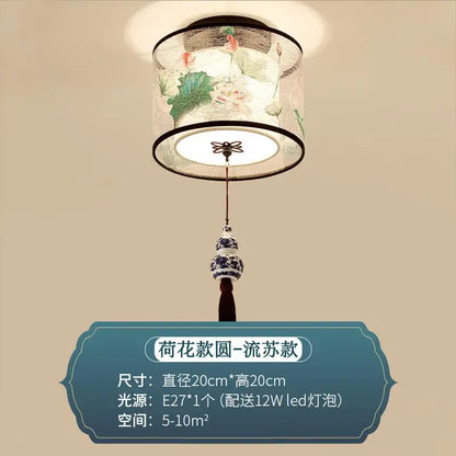 DecorBites chinese style ceiling lamp with translucent embroidered lotus pattern and blue porcelain pendant for villa corridors