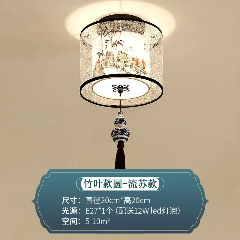 Decorbites chinese style ceiling lamp with white fabric shade featuring bamboo ink painting and blue porcelain pendant