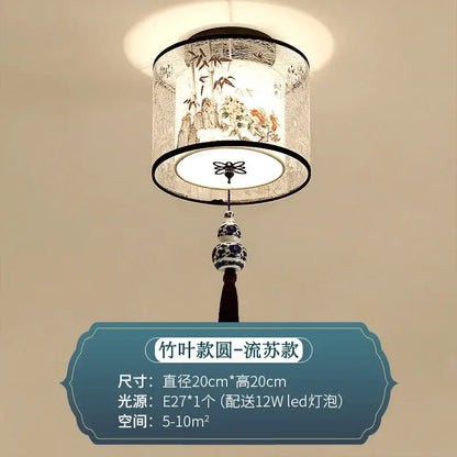 Decorbites chinese style ceiling lamp with white fabric shade featuring bamboo ink painting and blue porcelain pendant