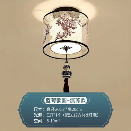 DecorBites Chinese style ceiling lamp with white fabric shade and floral embroidery, blue porcelain pendant for hotel corridors