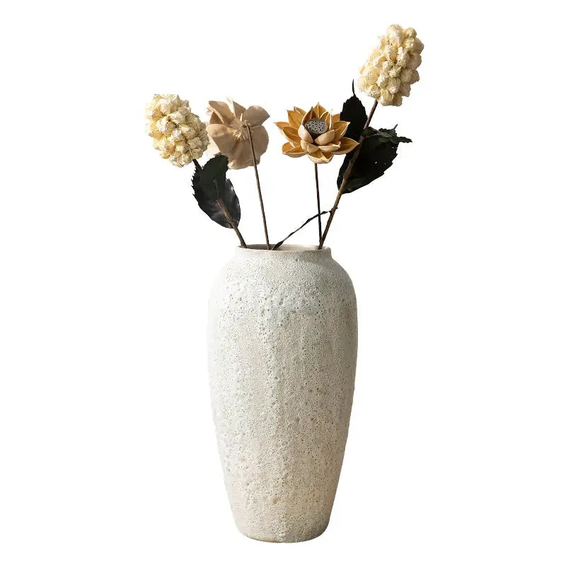 Decorbites™ chinese style ceramic vase in off-white textured finish holding dried beige and gold flowers for home decor
