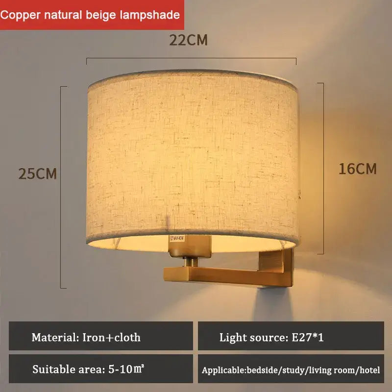 DecorBites Chinese style copper-finished wall lamp with natural beige cloth covered wall shade for bedroom and living room