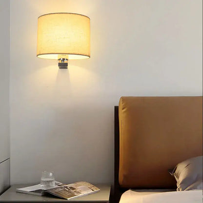 DecorBites™ warm-toned cloth covered wall lamp with textured fabric shade on metallic fixture for bedroom and living room