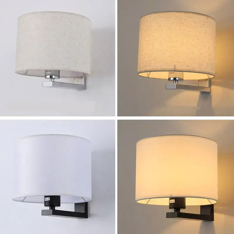 DecorBites™ Chinese style cloth covered wall lamp with textured fabric shade and metal arm in silver or black finish