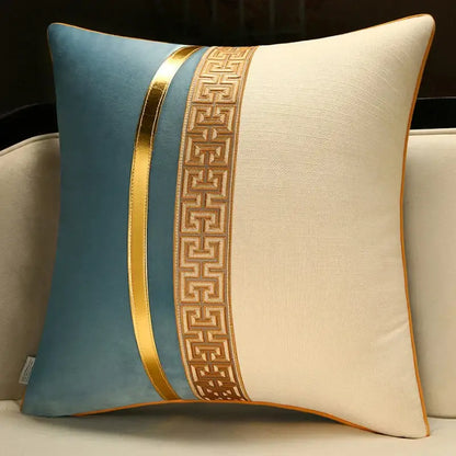 Blue and cream DecorBites™ Chinese style decorative pillow cover with gold geometric trim for sofa and living room