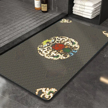 Dark gray decorbites™ chinese style diatom mud entry door mat with ornate red green and gold medallion design and anti slip features