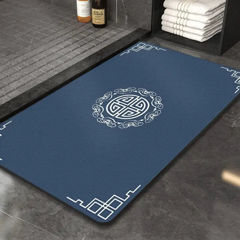 Blue decorbites™ entry door mat with white traditional chinese pattern and geometric border design made of diatom mud