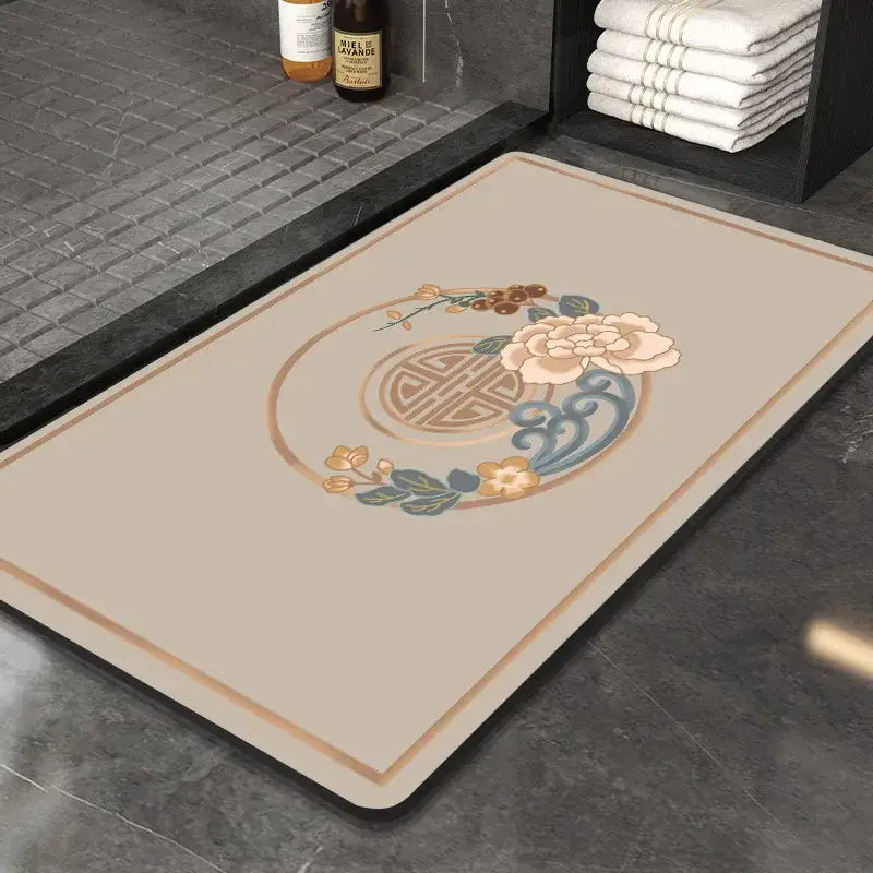 Beige rectangular DecorBites™ Chinese style diatom mud entry door mat with floral circular design in peach blue and gold tones
