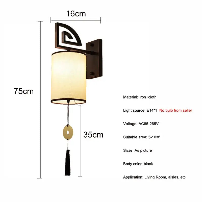 Black iron wall sconce with cylindrical beige fabric shade and gold coin tassel for living room lighting e27 cloth wall sconce