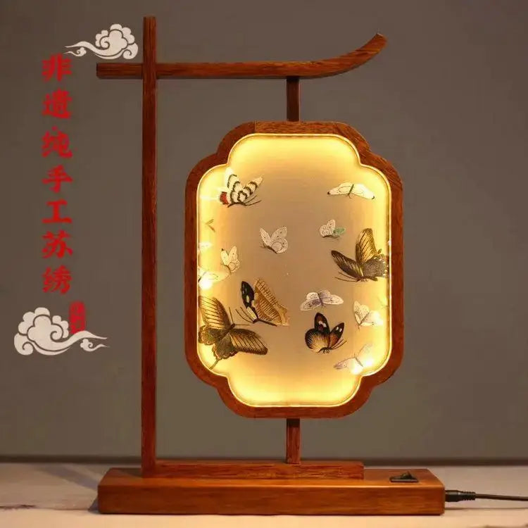 DecorBites™ chinese style double-sided wooden decoration screen desk lamp with warm light and butterfly embroidery