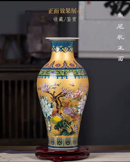 A vibrant yellow enamel colored vase by DecorBites featuring intricate floral and bird motifs in traditional Chinese style