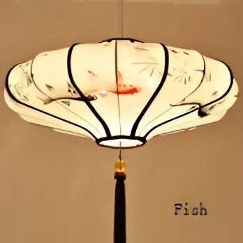 A cream-colored paper pendant light with black framing in decorbites chinese style flower design for home lighting