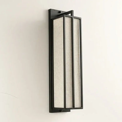 Black-framed decorbites chinese style iron wall lamp with three vertical beige linen fabric panels