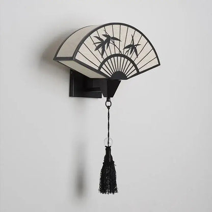 Decorbites chinese style iron art wall sconce in black and cream with bamboo cutouts tassel and glass bead for living room